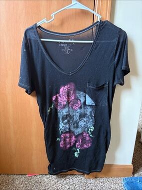 Wound Up Black V-Neck Skull Tee with Pink Floral Accent